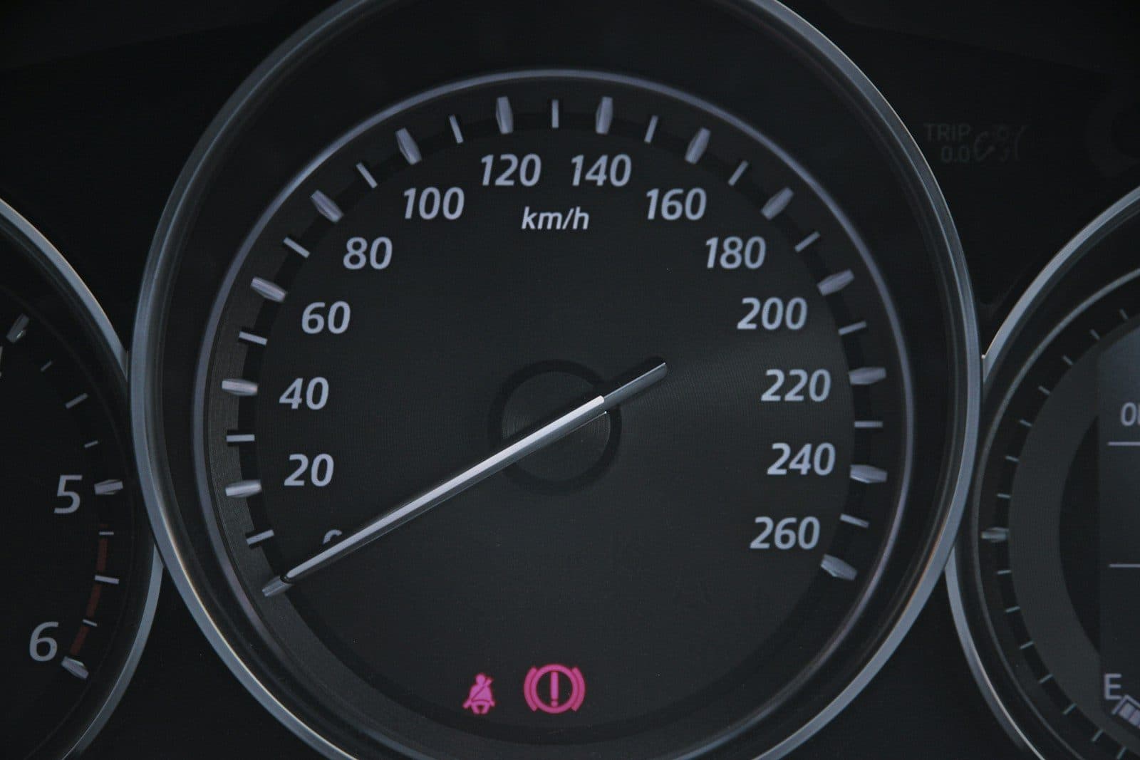 A car speedometer showing kilometers per hour